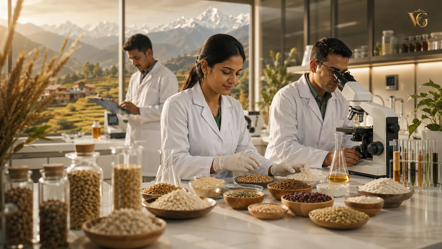Food scientists examining grains and ingredients in a nutrition laboratory