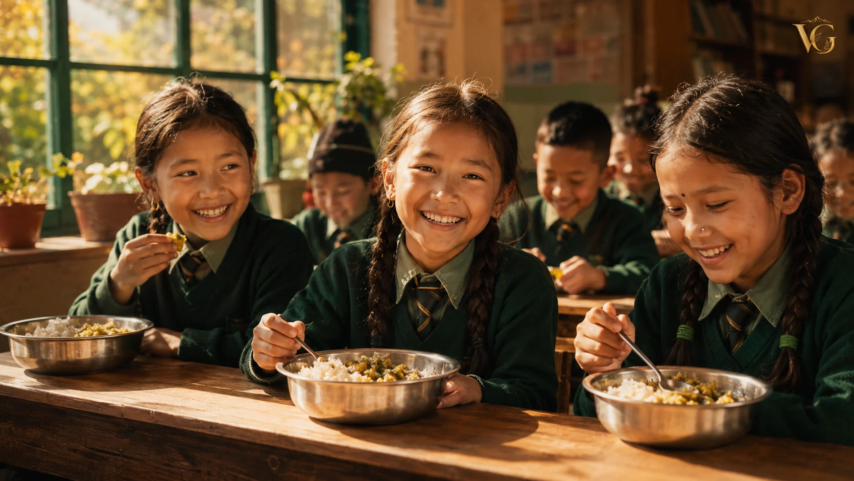 Students enjoying a warm school meal together